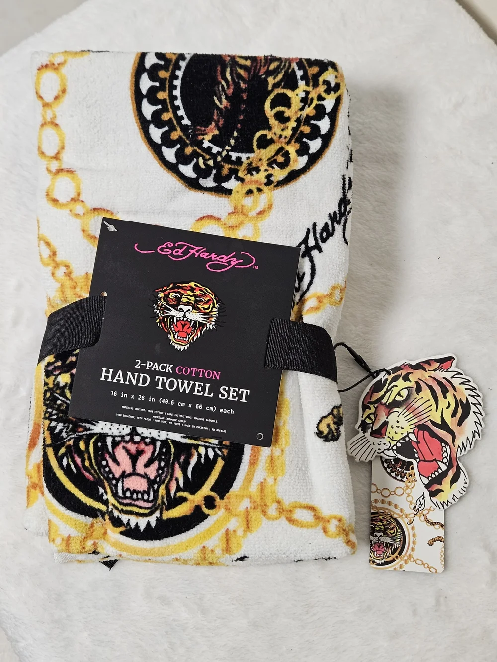 Ed Hardy 2 Pack Hand Towels Tiger Chain Tattoo Print Cotton 16x26 NWT